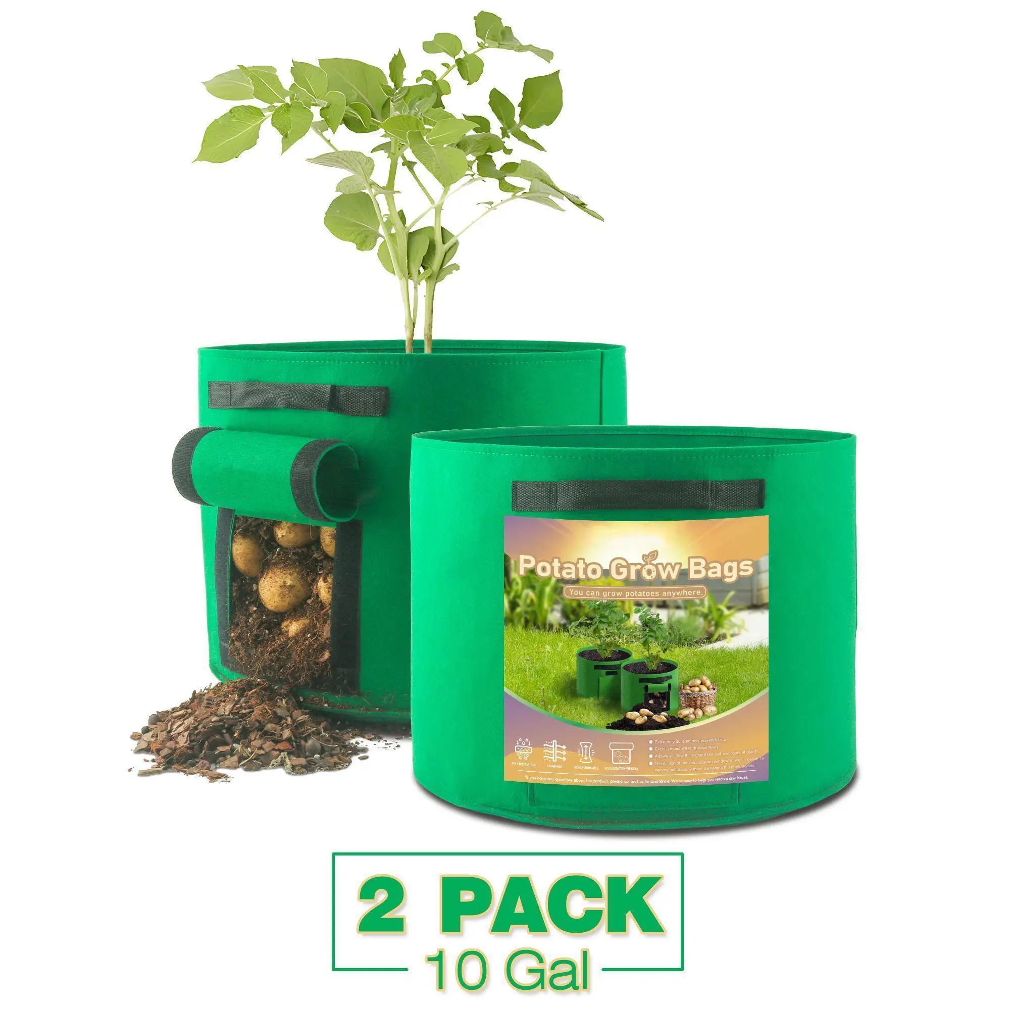 

2 Pack Potato Grow Bags, 10Gallon Planter Grow Bags with Flap Harvest Window, Planting Bag of Thickened Fabric with Durable Handle, Breathable Grow Bags for Potato, Tomato, Carrot