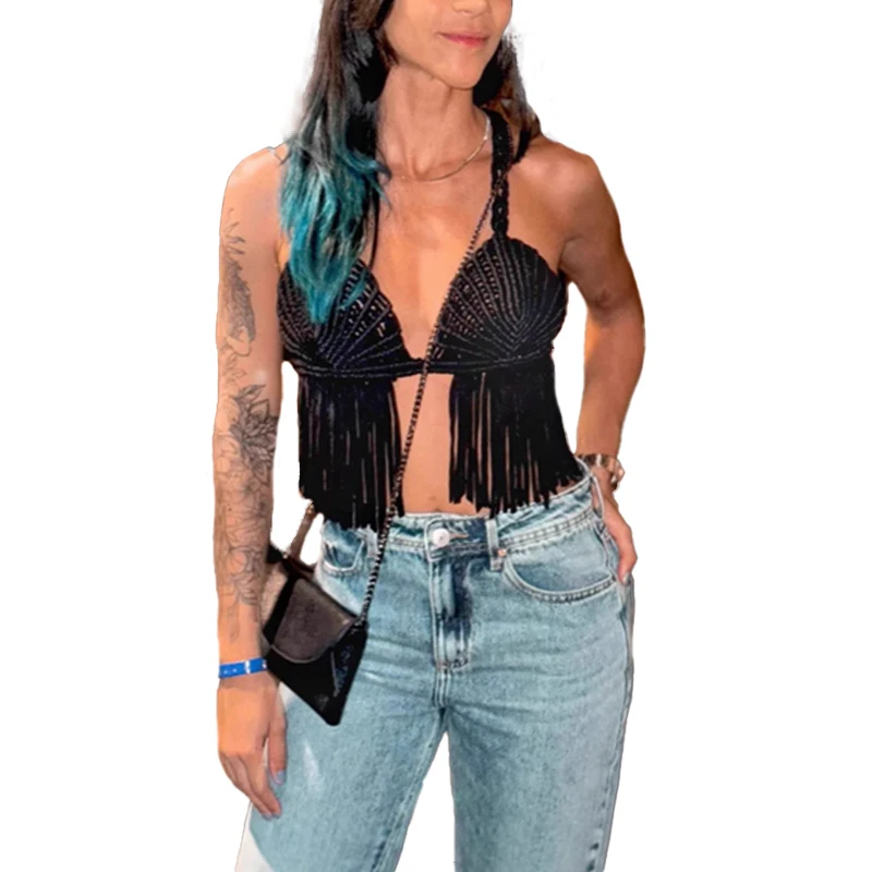 

Women's Sexy Tassel Crochet Top Vest Camis Boho Beach Bikini Cover Ups Female Swimsuit Knitting Swimwear Beachwear Brazilian
