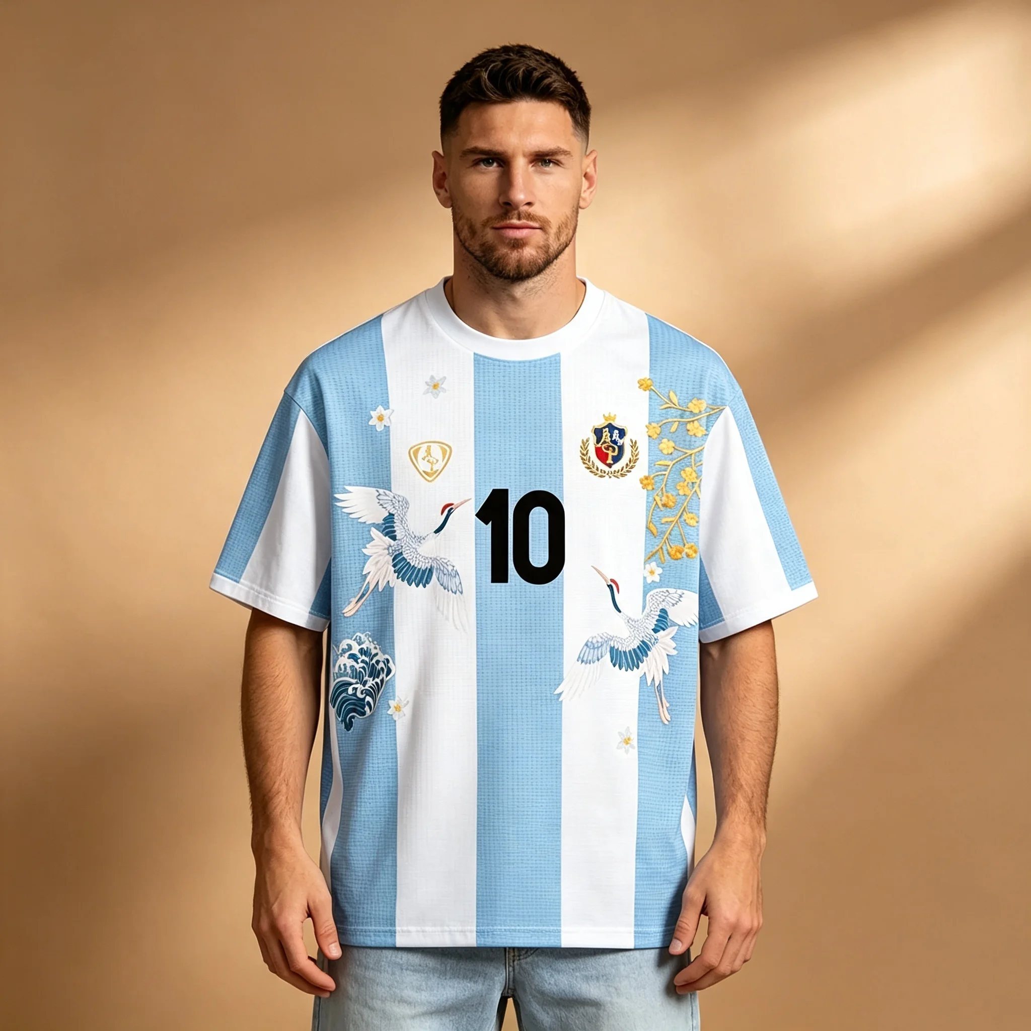 Vintage Argentina 10 Football T-shirt Blue White Striped Crane Wave Graphic Short Sleeve Men Sports Casual Jersey Tops