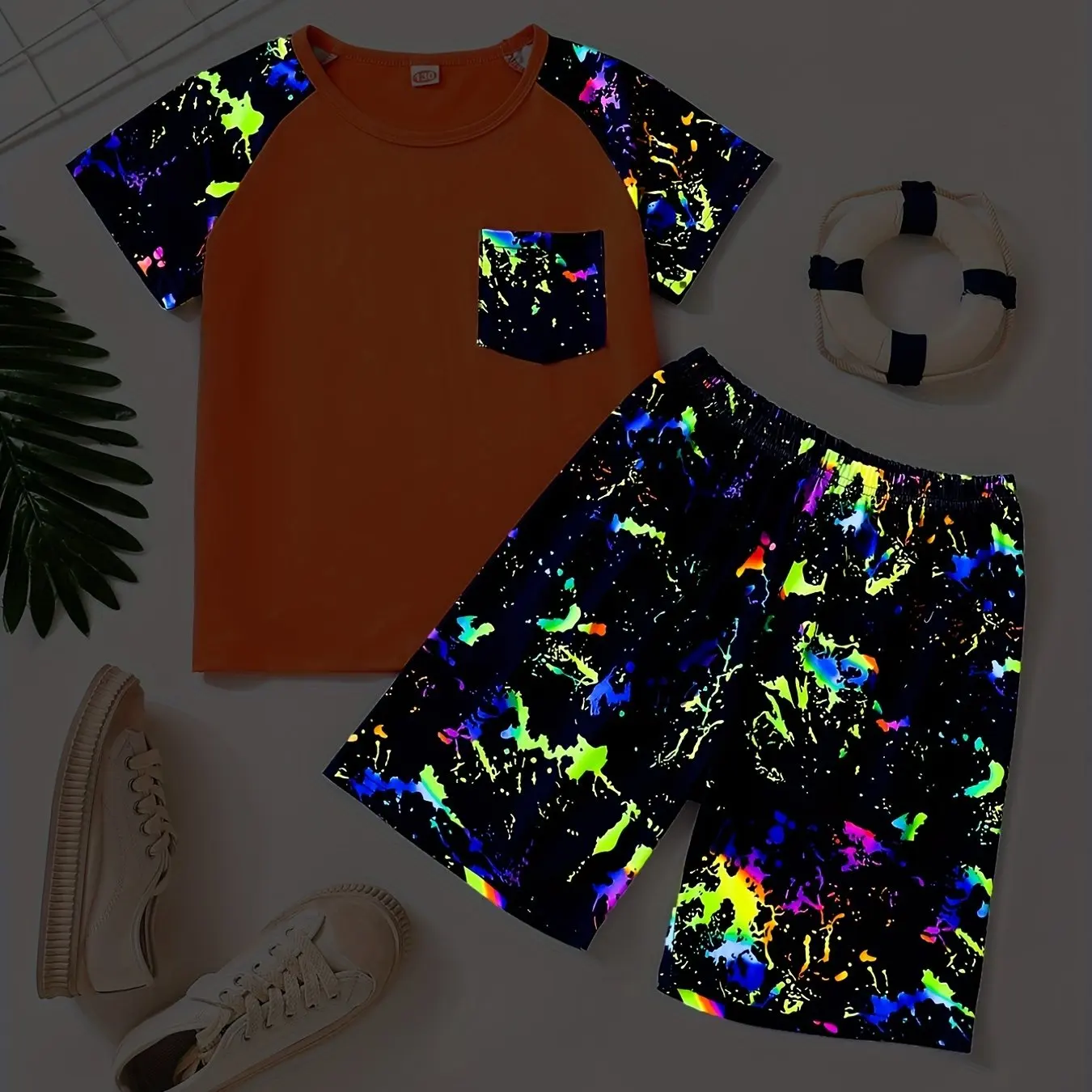 

Boys Short-Sleeved T-shirt suit 3D imitation Glow-In-The-Dark Effect Printing Children's Summer Home Pajamas Suit Breathable Set