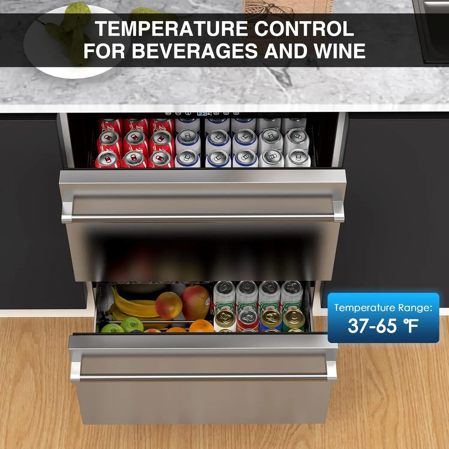 24 Inch Under Counter Drawer Beverage Refrigerator, Indoor/Outdoor Beverage Fridge with Double Drawer Storage | Stainless Steel Drawer Fridge | Built-in & Freestanding, Stainless Steel