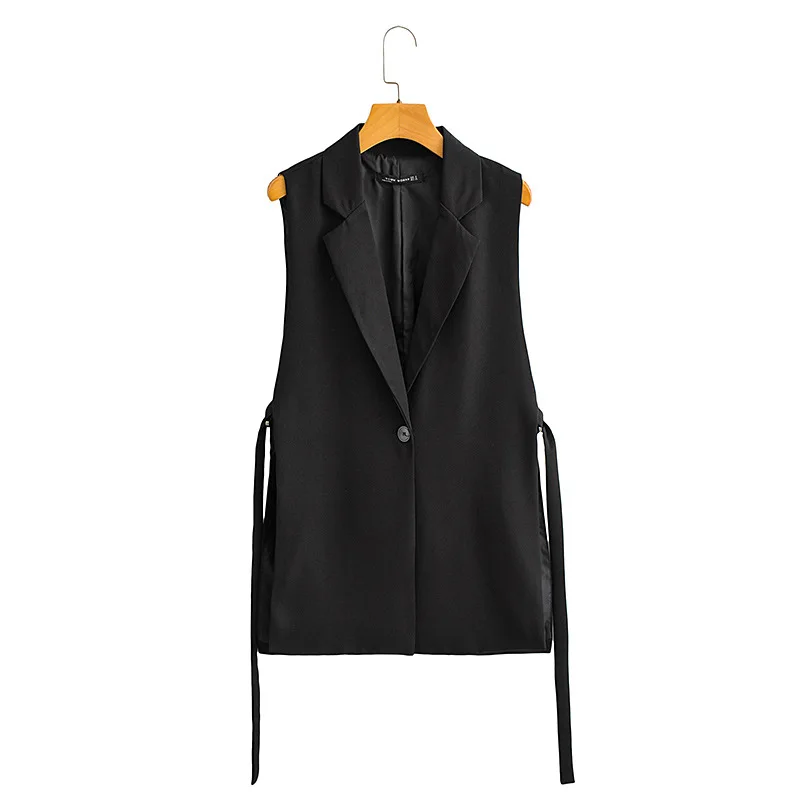 Elegant Black Blazer Vest Women Fashion Notch Lapel Sleeveless Jacket Coat Chic Side Tie Single Button Office Lady Waistcoat