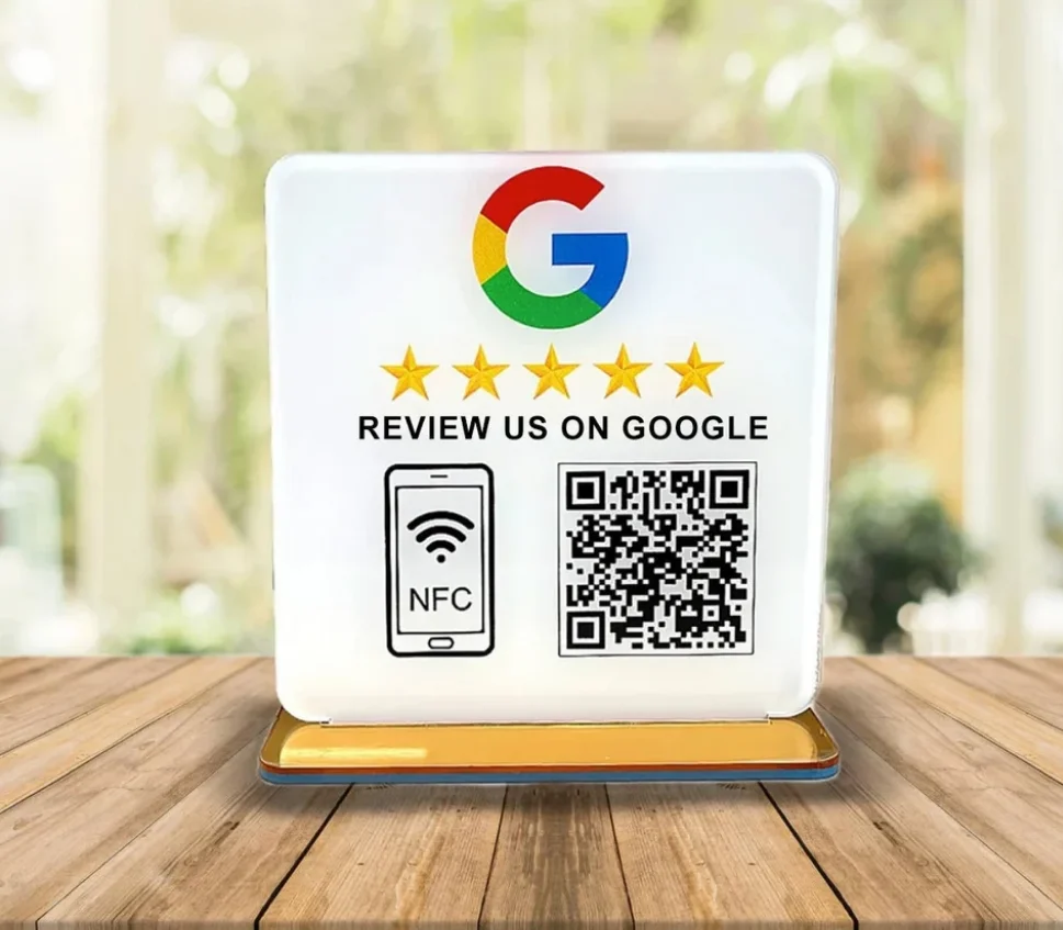 Personalized Google Review Sign NFC Scan code Acrylic Social Media Signs Google Review Plates with Stand Base Store Decorations