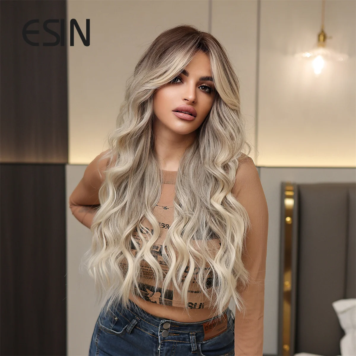 ESIN Long Wavy Wigs with Bangs Ombre Brown Blonde Synthetic Wig Daily Cosplay Party Use Heat Resistant Fiber Hair for Women image 2