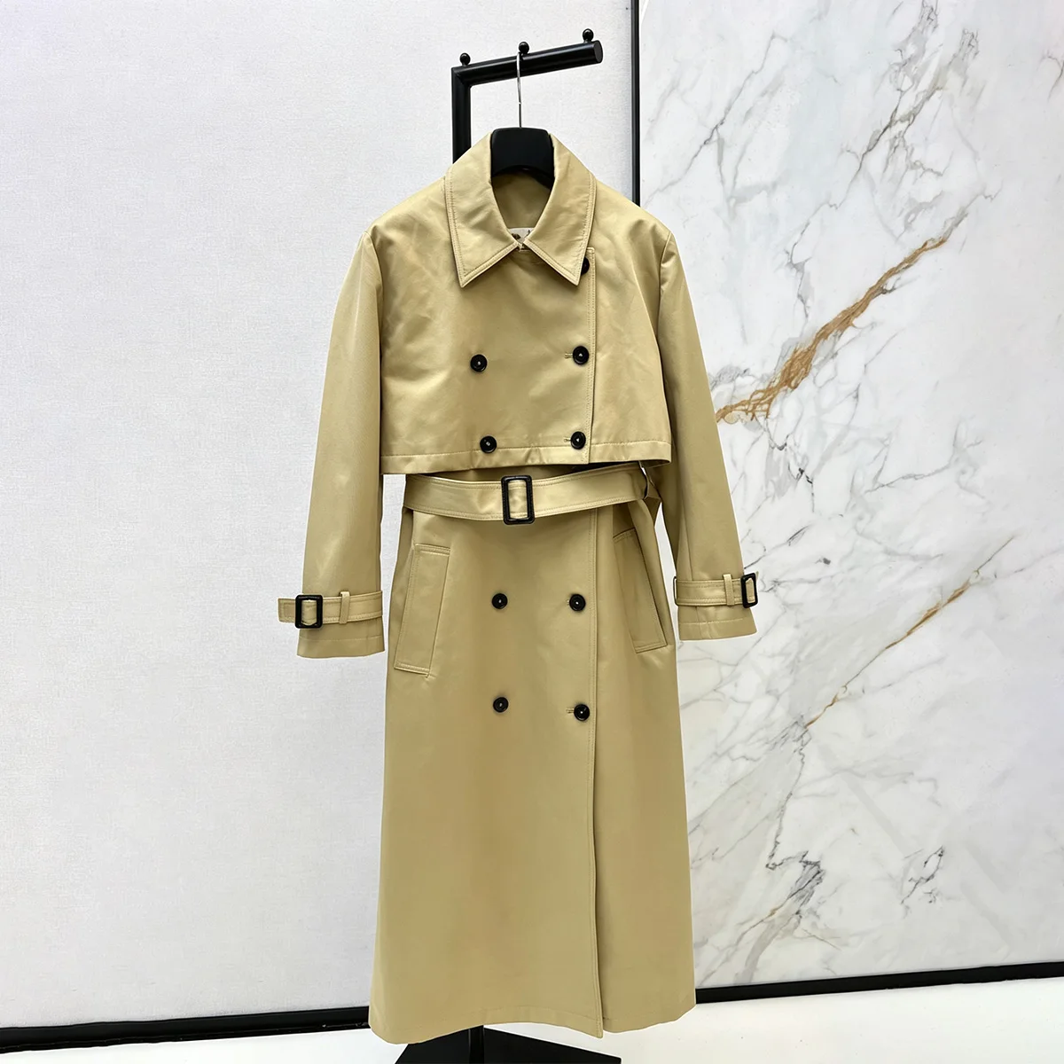 2026 NewWomen 2 Piece Trench Coat Set Double Breasted Cropped Jacket Sleeveless Long Midi Dress With Belt lyt2671416