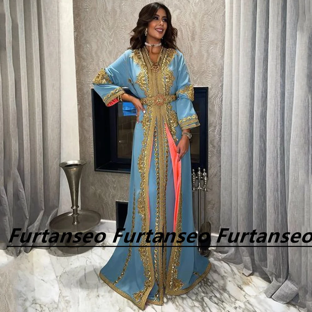 Furtanseo Exquisite Morocco Evening Dresses Saudi Arabia Embroidered Beading Appliques Long Sleeves V-neck Party Prom Gown