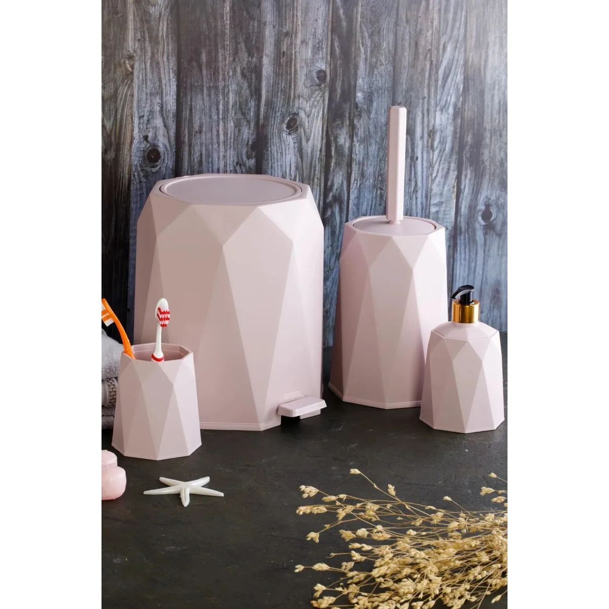 Pink Bathroom Accessories Set of 4 Toilet Set Trash Can Cleaning Brush Soap Dispenser Toothbrush Holder Hard Plastic Material