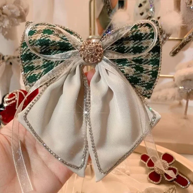 Vintage tkanina kokardka spinki do włosów Rhinestone Barrette klips sprężynowy moda kucyk nakrycia głowy szpilki do włosów dla kobiet akcesoria do włosów — zdjęcie 2