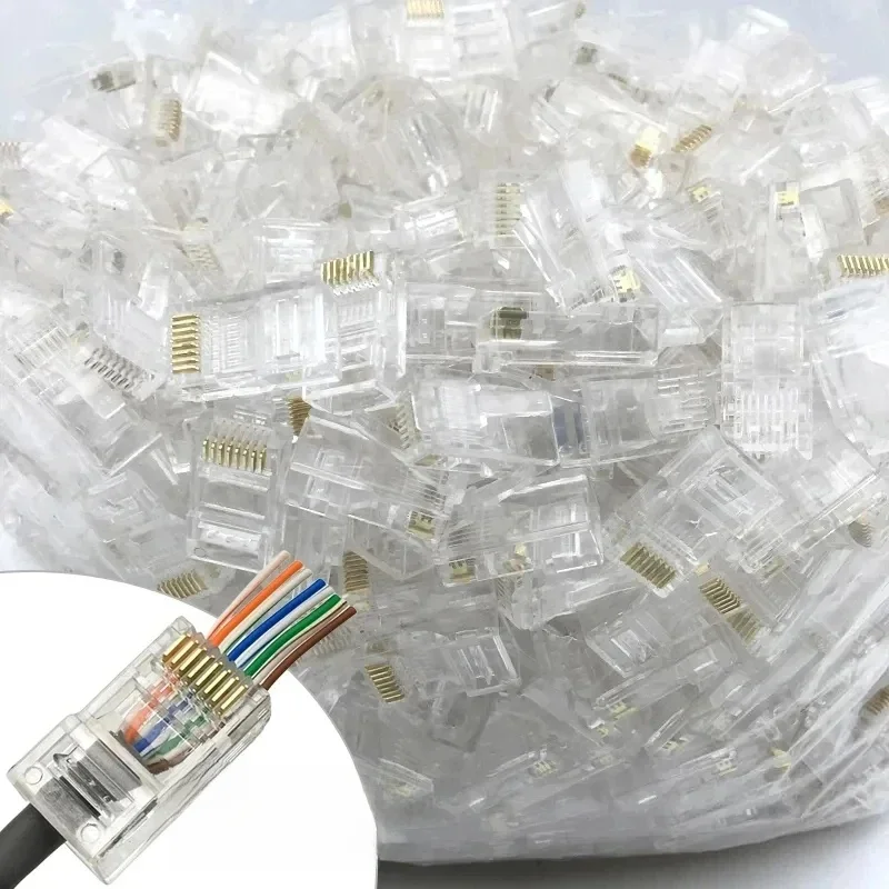 100 sztuk/partia RJ45 CAT6 CAT5e przelotowe złącza kryształowe końcówki pozłacane 8P8C Crimp UTP standardowa wtyczka modułowa sieci Ethernet — zdjęcie 2