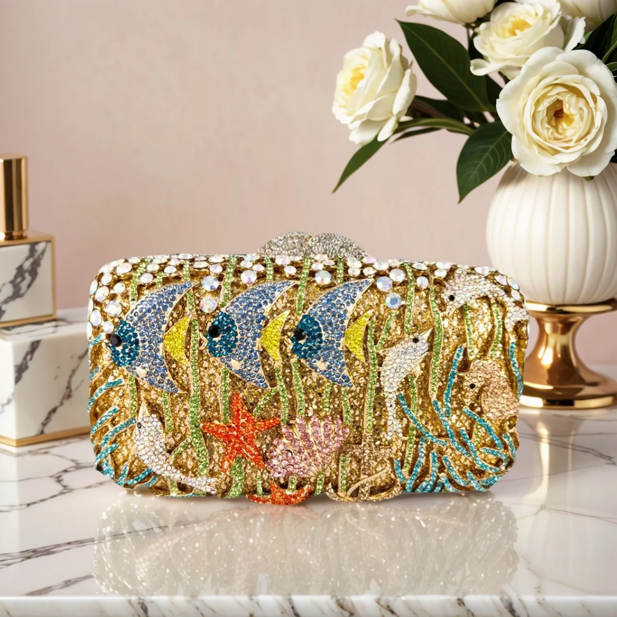 Monedero de verano con diamantes de imitación de pescado para mujer, bonito bolso de mano de noche con concha de playa, bolso de cristal brillante para fiesta de cóctel de vacaciones