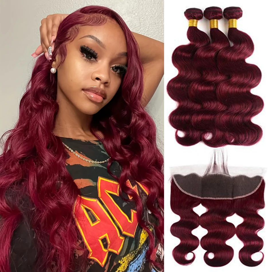 2/3/4 Zestawy Włosów z Frontalem, Falowane, z Pasemkami w Kolorze Burgundowym # Włosy naturalne 99J, peruka typu lace front 13x4 z 3 paczkami brazylijskich włosów dla kobiet.