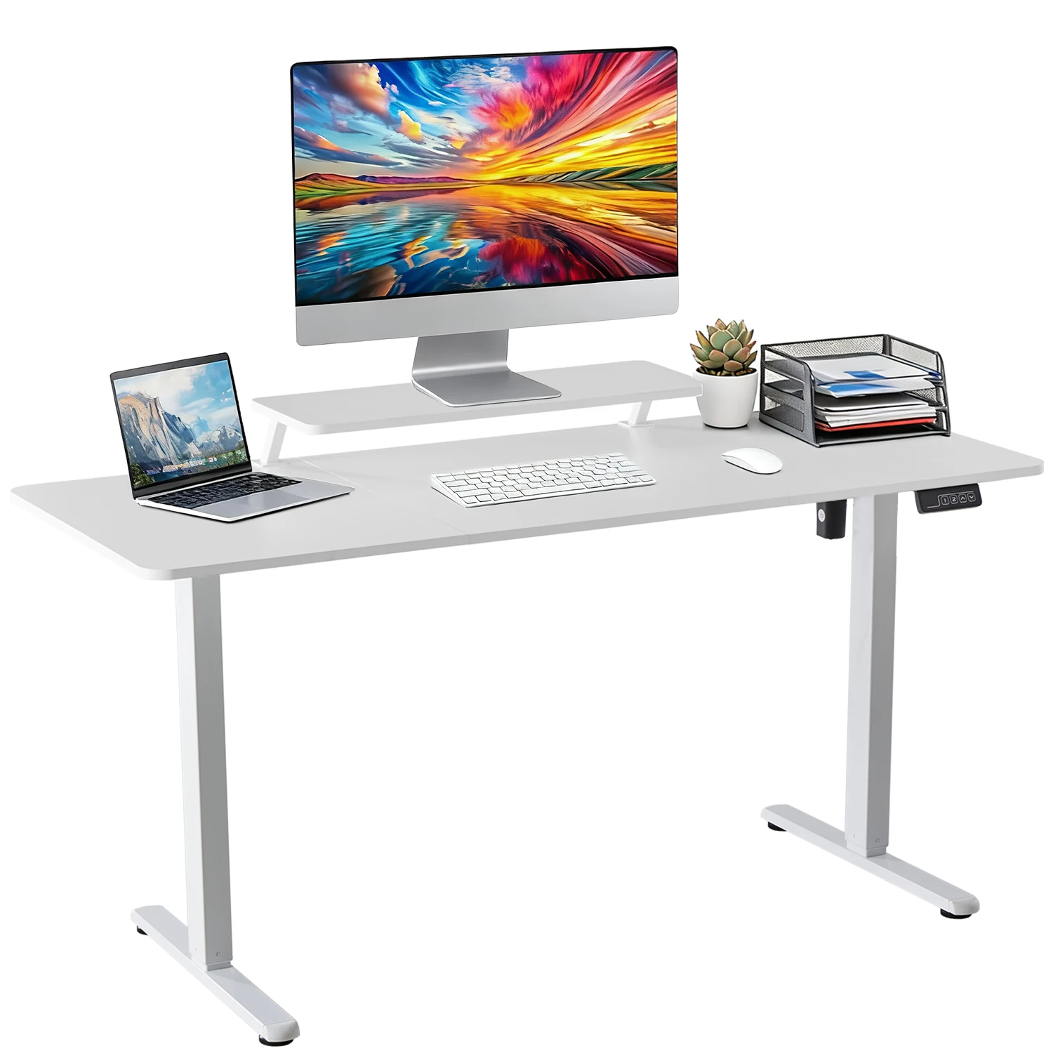 Elektrisch höhenverstellbarer Schreibtisch 140×60 cm (73–118 cm) – inkl. Monitorhalterung, 80 kg Belastbarkeit – Weißer Homeoffice-Tisch mit Motorverstellung für ergonomisches Arbeiten