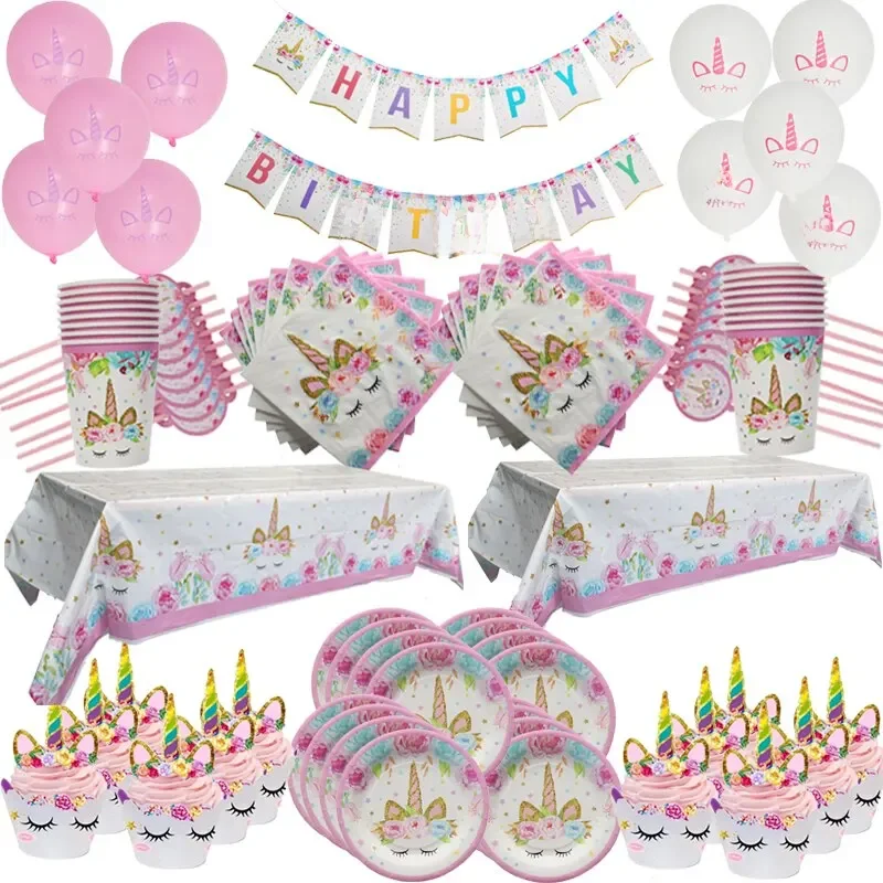 Impreza jednorożec zestaw jednorazowe zastawy stołowe dziewczęcy dekoracja urodzinowa talerze dekoracyjne Unicornio kubek baner prezent na Baby Shower — zdjęcie 2