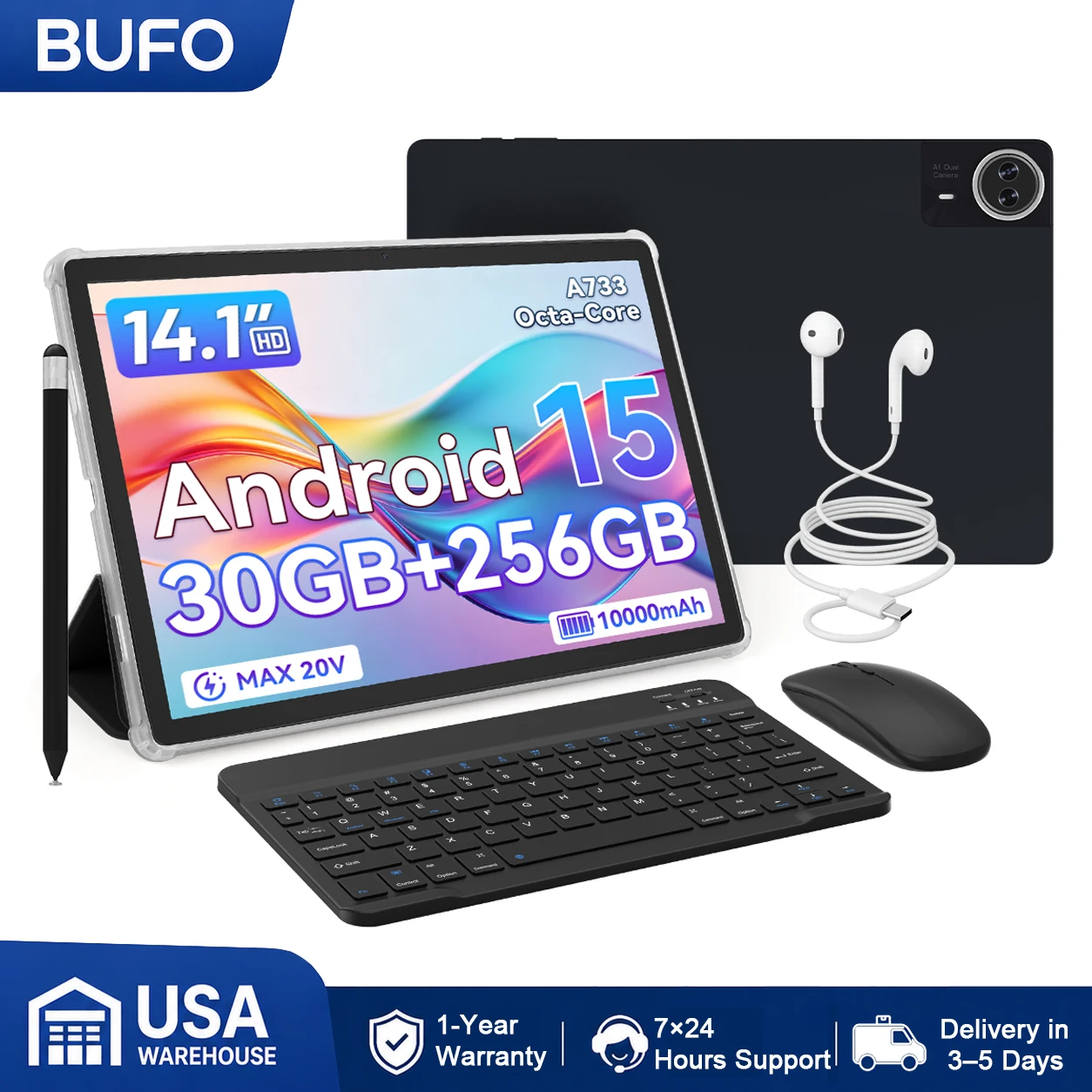 BUFO G140L 14.1 Inch Octa Core Tablet PC 30GB(6G+24G Virtual RAM) 256GB ROM Android 15 1920*1200 LCD Screen 10000mAh Battery Dual Camera Support 1TB TF Expand Type-C 2.0 Business Tablet for Office Entertainment