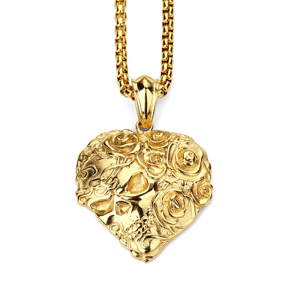 Exquisite Fashion Hip Hop Style Metal Heart Rose Skull Necklace Classic Men's Chain Personality Pendant Street Jewelry Gift