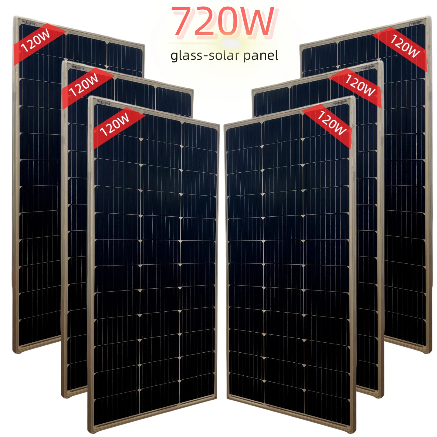 720W (120W × 6) Monokristallines Solarpanel, gehärteter Glasschutz, wasserdicht und alterungsbeständig, geeignet für verschiedene Einsatzbereiche wie Wohnmobile und landwirtschaftliche Betriebe