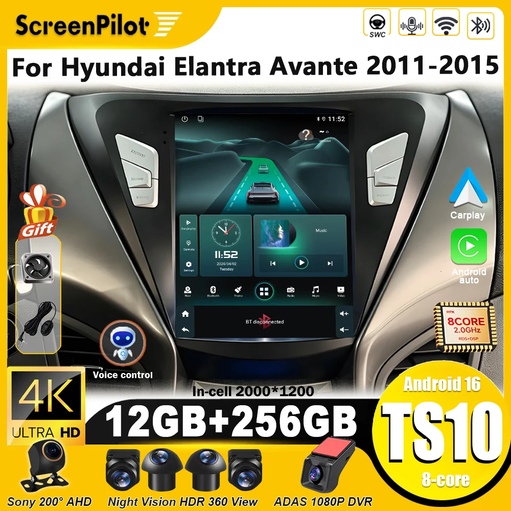 Para Hyundai Elantra 2011 - 2013 2014 - 2016 Reprodutor de Vídeo Multimídia Android 16 com Navegação GPS Bluetooth Tela Sensível ao Toque 8 Núcleos 5G