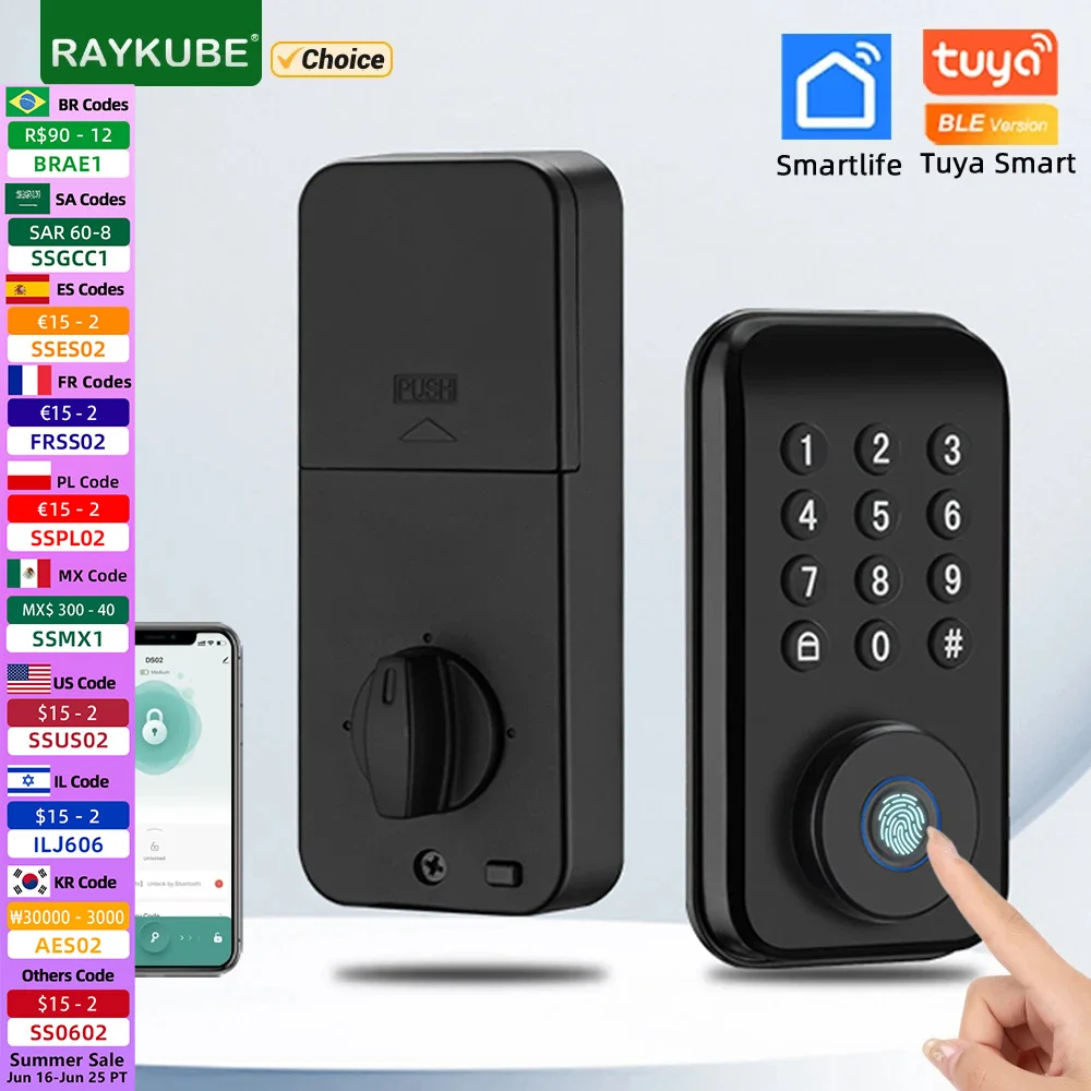 

RAYKUBE DS02 Tuya BLE Smart Fingerprint Deadbolt Lock with Latch/Door Sensor Auto Lock Key/Password/ Tuya Smartlife APP Unlock