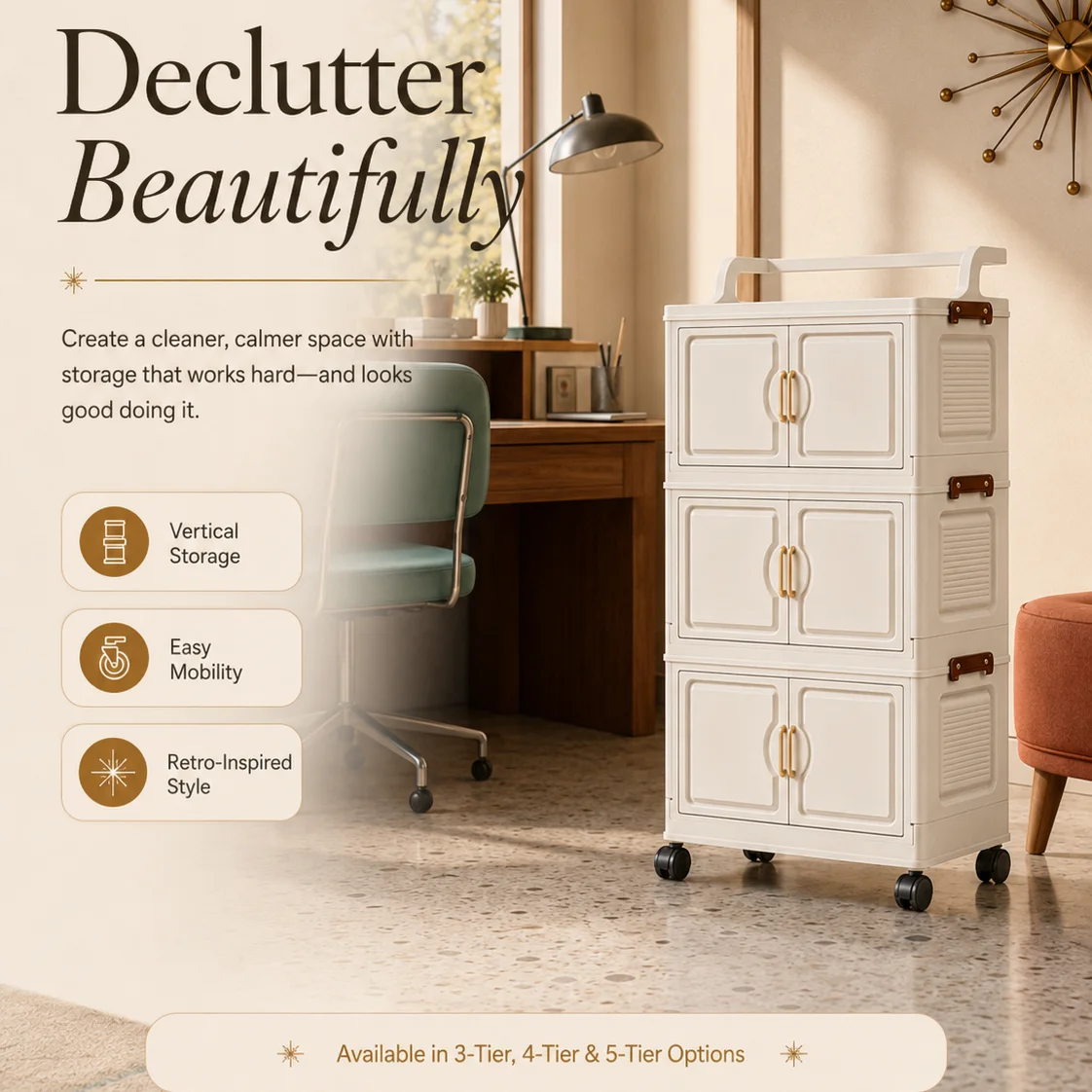 Retro cream-colored two-door plastic storage cart, stackable modular wheeled cabinet with gold handles and side latches, upright wheeled storage box, suitable for bedrooms, dorms, home offices, and bathrooms, perfect for storing cosmetics, office supplies