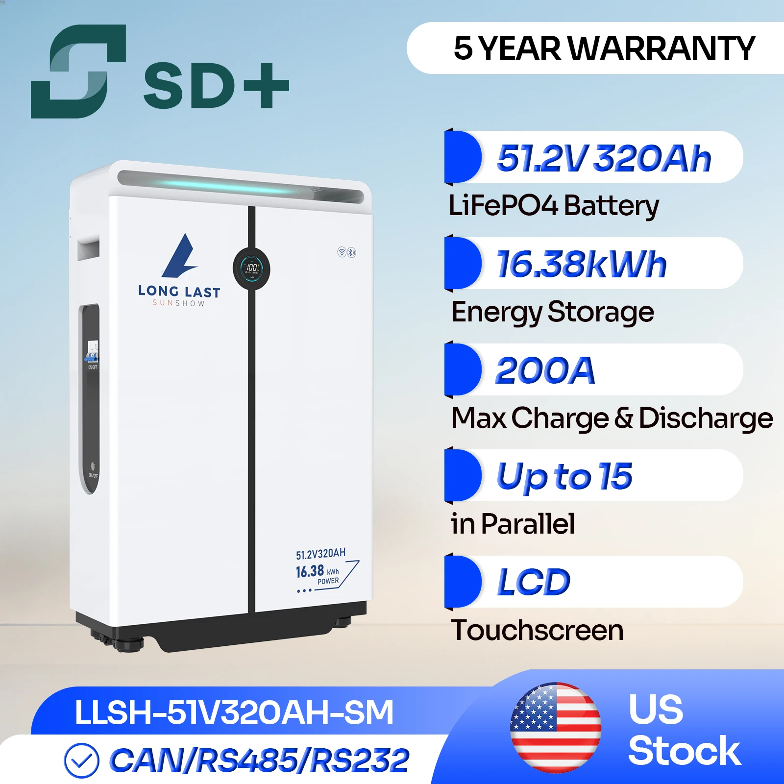 SANDISOLAR 51.2V 320Ah LiFePO4 Battery 16.38kWh Rack Mounted Floor Standing Solar Energy Storage CAN RS485 6000+ Cycles