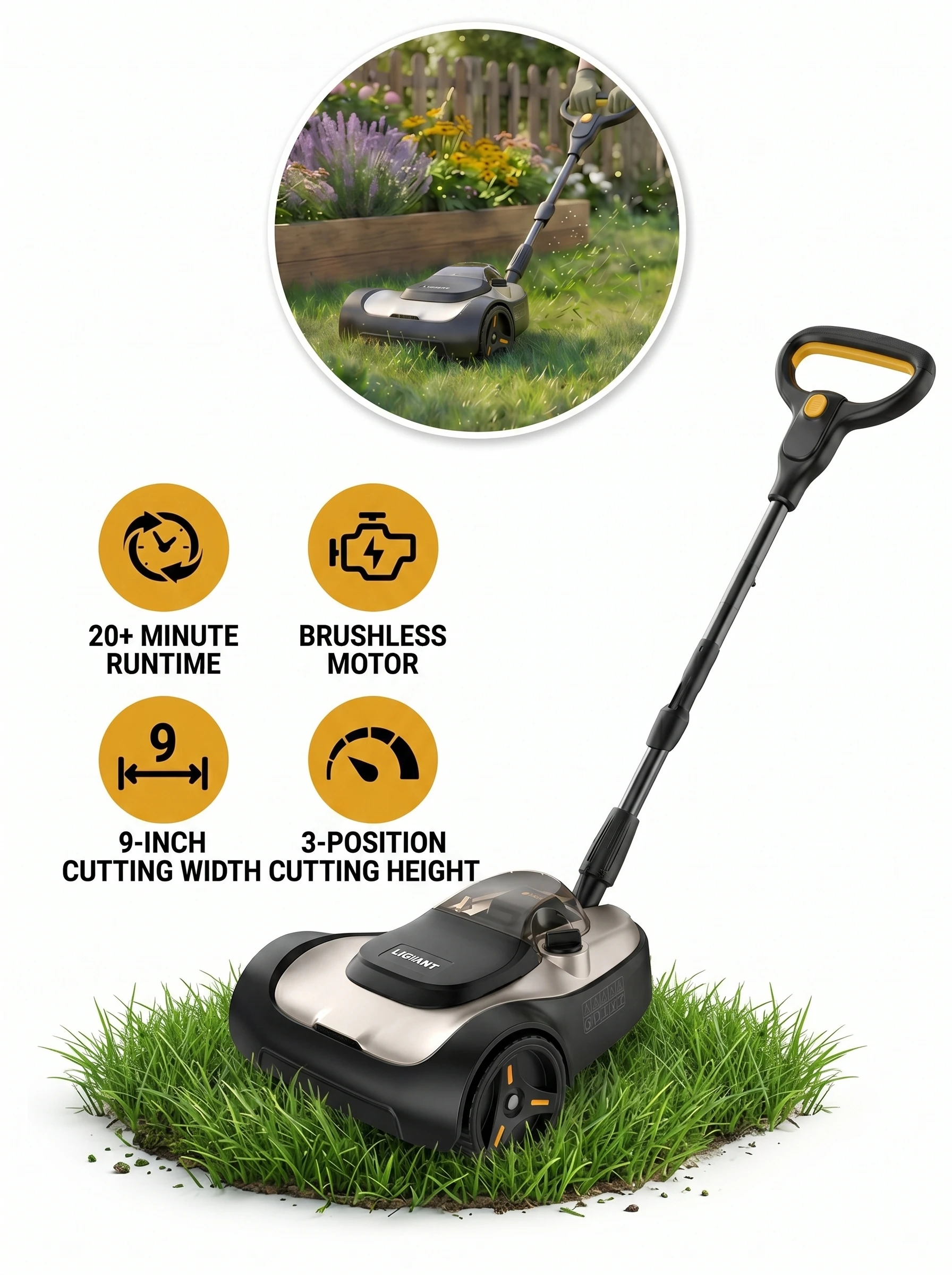 20V 9-Inch Cordless Lawn Mower with 4.0Ah Battery & Charger, 3-Height Adjustable, Lightweight & Compact,Brushless Electric Mower for Small Yards