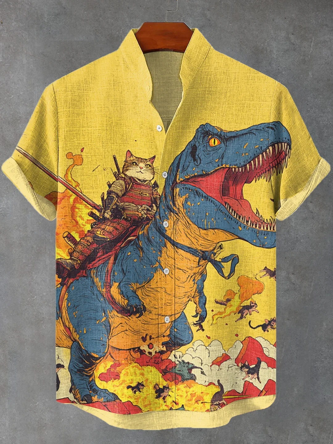 

2025 Summer Men's Cat and Dinosaur Battle Together Art 3D Printing Casual Fashion Linen Short sleeved Shirt
