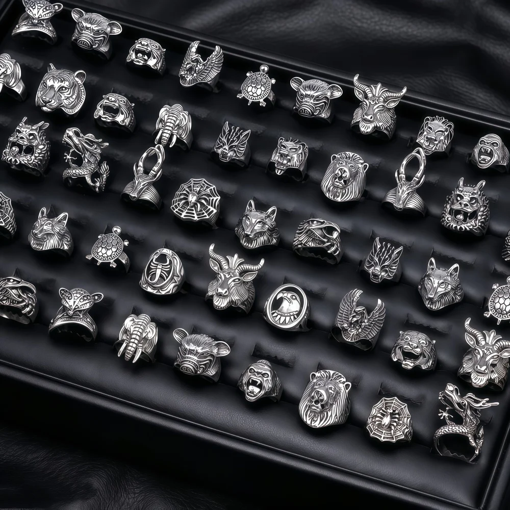 8/15/30/45Pcs/Lot Vintage Punk Fashion Lion Dragon Elephant Eagle Animal Ring Trendy Men's Daily Festivals Carnival Party Gifts