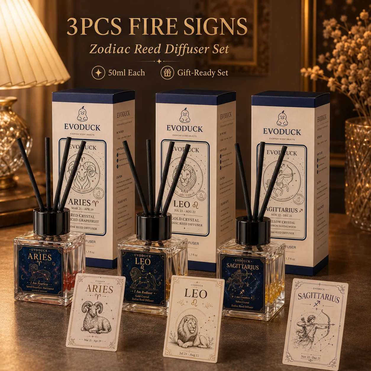 3Pcs Fire Signs Zodiac Reed Diffuser Gift Set 50ml Aromatherapy Essential Oil Flameless Crystal Room Air Freshener Birthday Gift