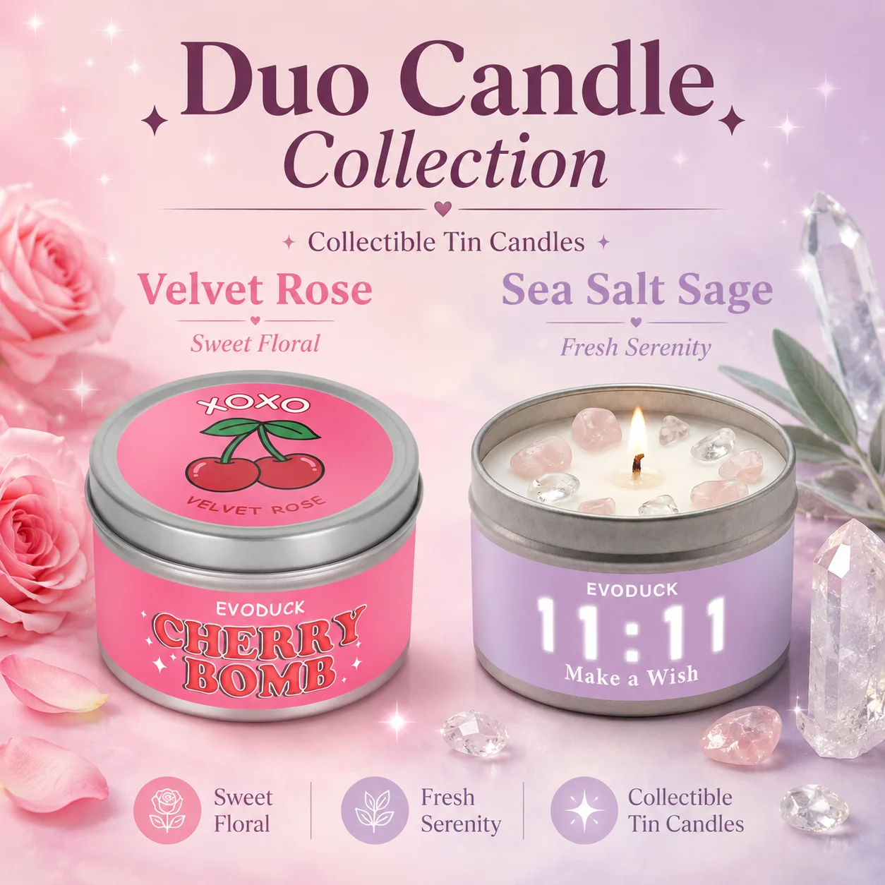 3oz Velvet Rose Scented Candle with Pink Crystals, Decorative Tin Candle for Home Fragrance, Room Decor & Valentine Gift for Her