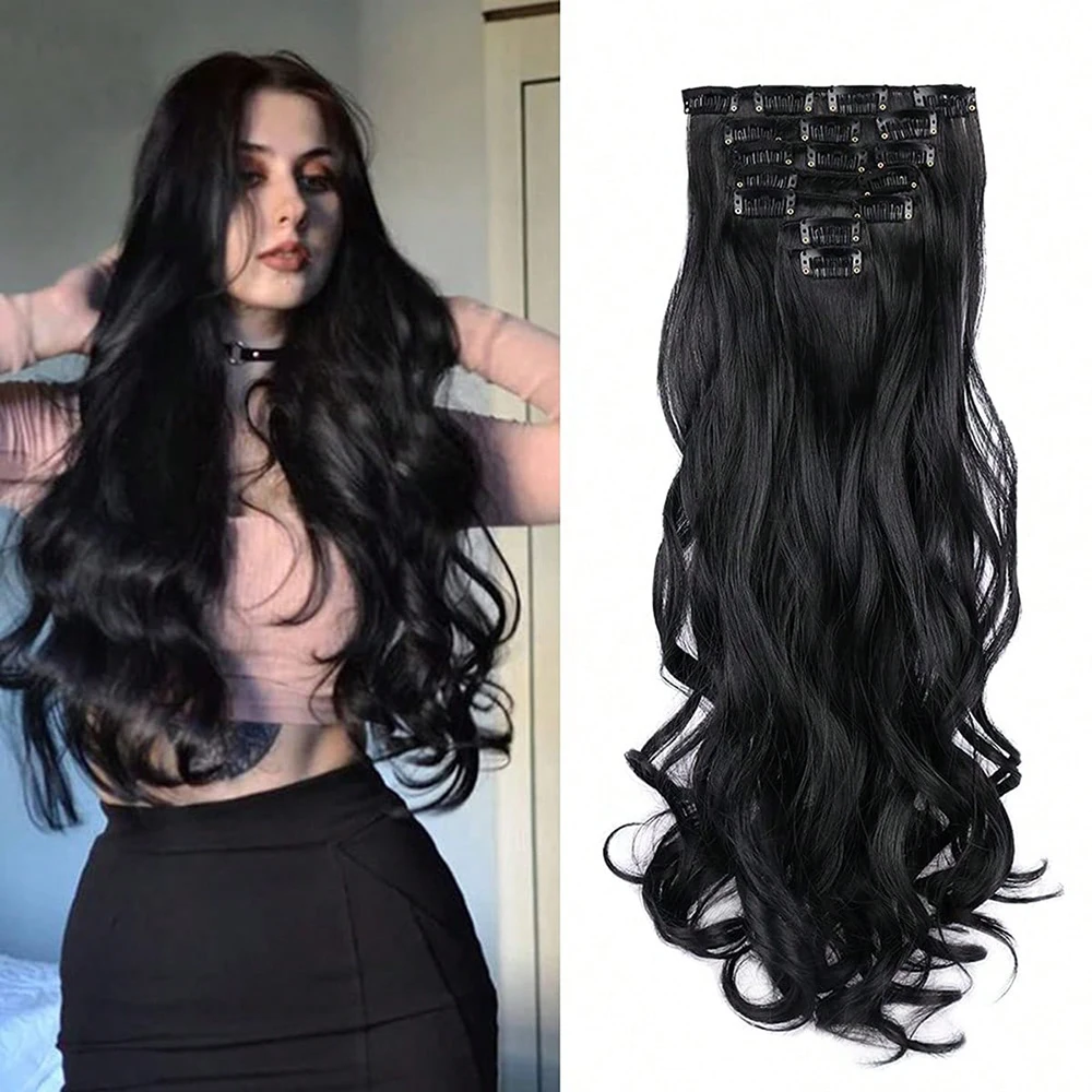 Synthetic Wig Hair Extensions16 Clips 7Pcs 24 Inch Wavy Curly Black Friday Full Head on Double Weft Dark For Women In Daily Use