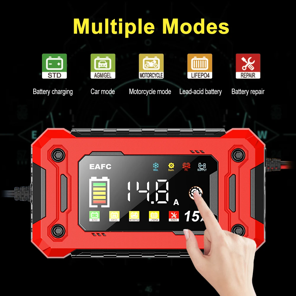 Nabíječka autobaterií EAFC 12V 15A 8A s velkým displejem a opravnou nabíječkou pro autobaterie, motobaterie, SUV, lithium-iontové baterie, olověné baterie s gelovým displejem - náhled 6