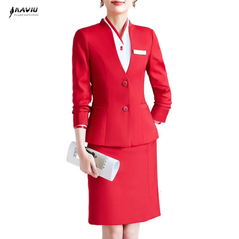 NAVIU Mode Kantoorkleding Dames Blazerpakken Elegante chique jassen 2-delige set Lange mouw Casual Blazer Jas Rok Past Rood