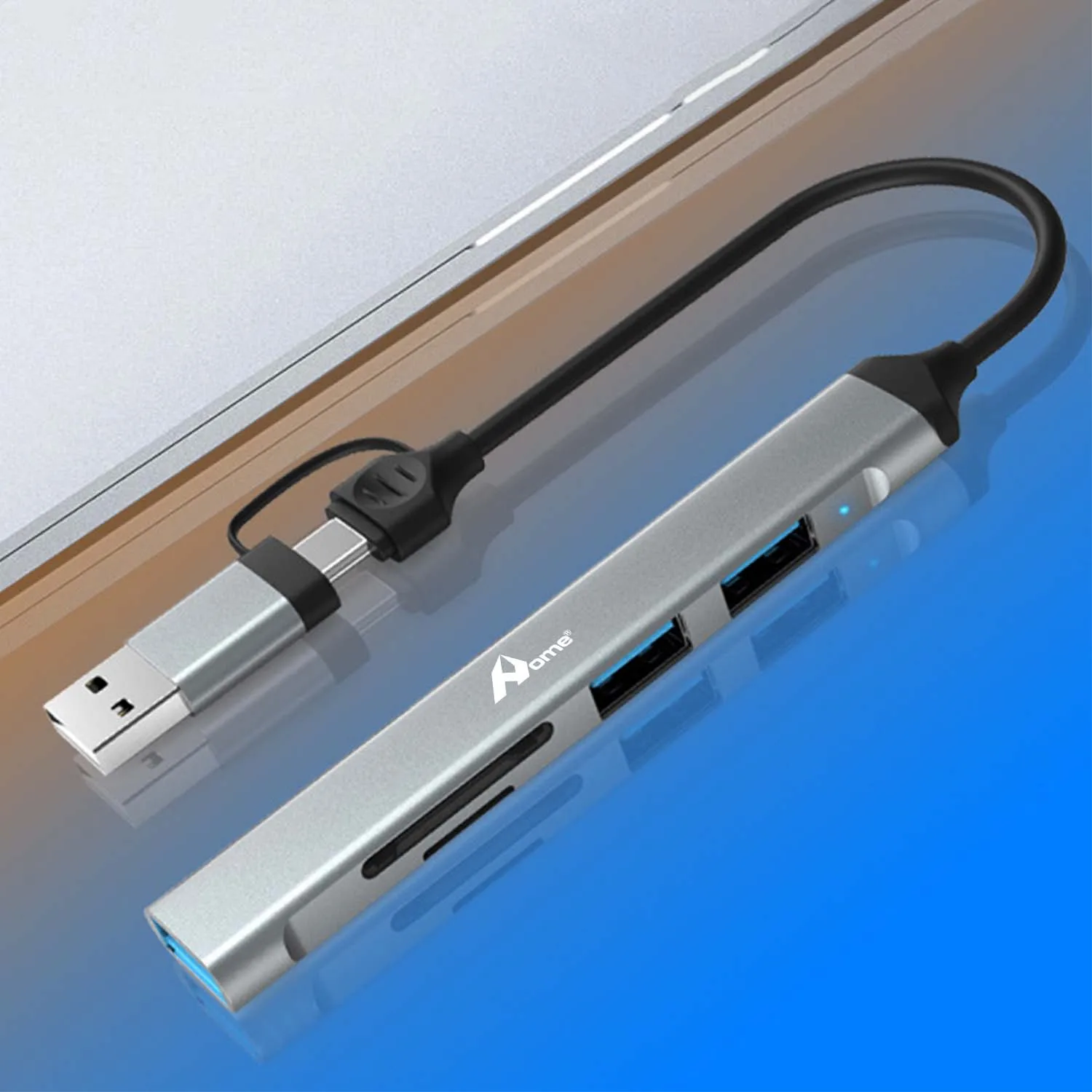 5-in-1 USB-C Hub met 3 USB 3.0 poorten, SD/TF kaartlezer, aluminium multiport adapter, plug & play voor laptop, pc, tablet