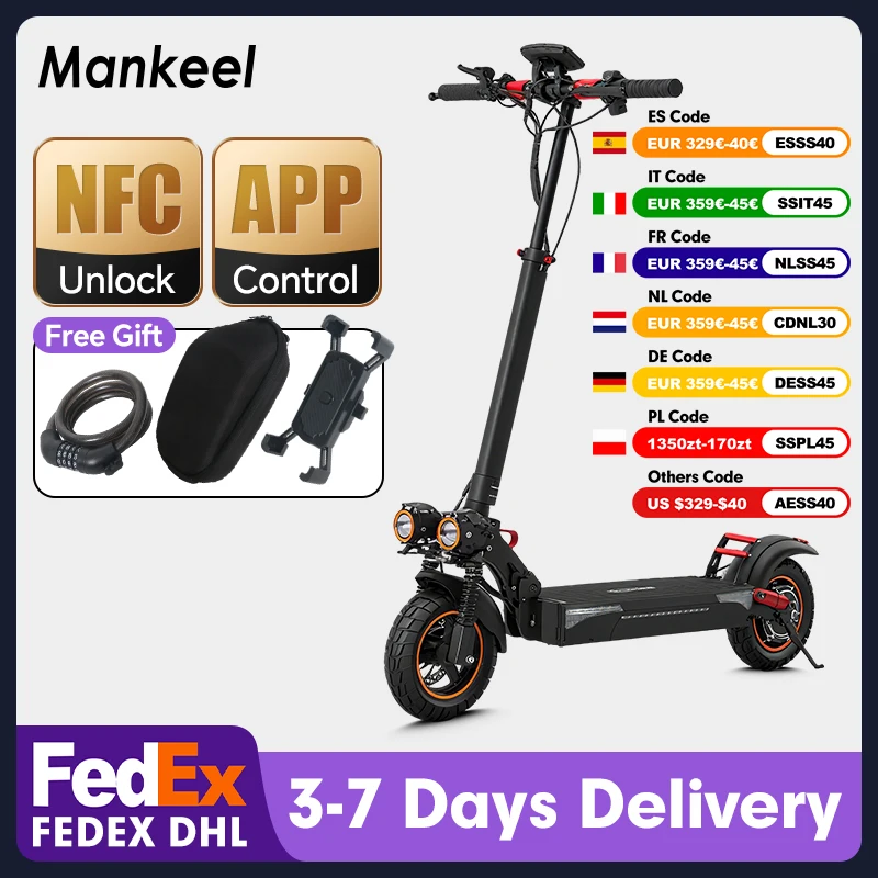 Patinete Eléctrico Mankeel para Adultos, Motor Potente de 800W, Alcance Máximo de 60-80 km, Velocidad Máxima de 45 km/h, con Función de Aplicación NFC, Patinete Eléctrico Plegable de 10 Pulgadas