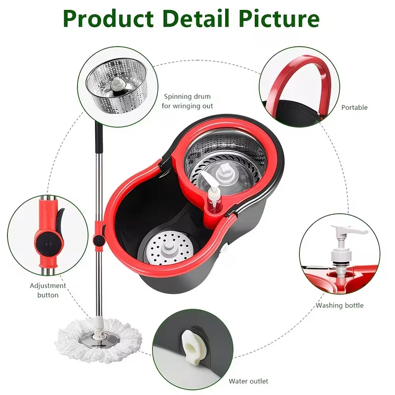 Mop Bucket Set, Spin Mop And Bucket And Wringer Set, Bathroom Mop Bucket, 360° Spin Mop Bucket System With 3 Microfiber Mop Replacement Heads And Stainless Steel Adjustable Handle For Floor Cleaning, Holiday Cleaning, Christmas Cleaning