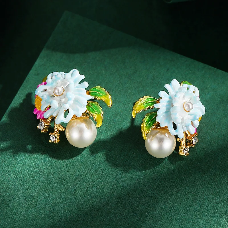 

Daisy Pearl Stud Earrings for Women Handmade Enamel Earrings Copper Plated 18K Real Gold s925 Sterling Silver Needle Earring