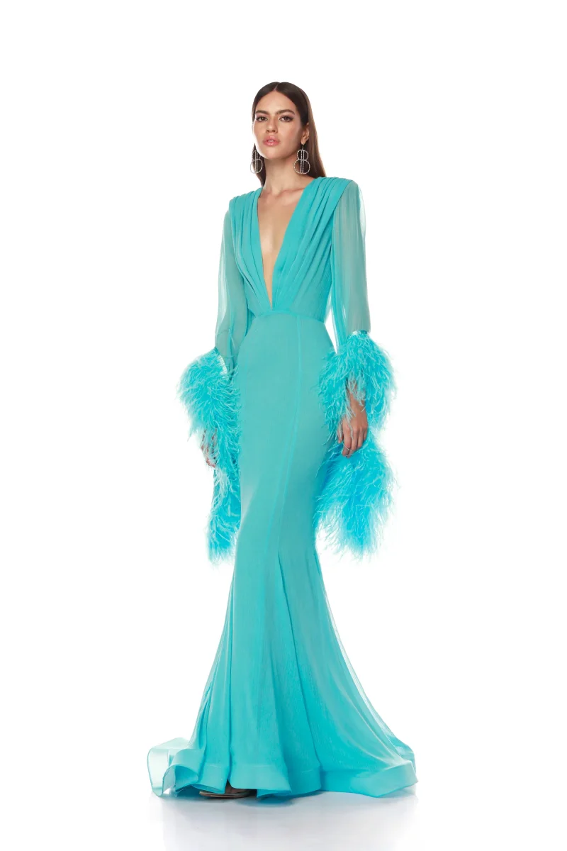Jessica Sexy col en V profond robes de soirée à la main de luxe à manches longues plumes robes de bal bleu ciel robes de soirée personnalisées
