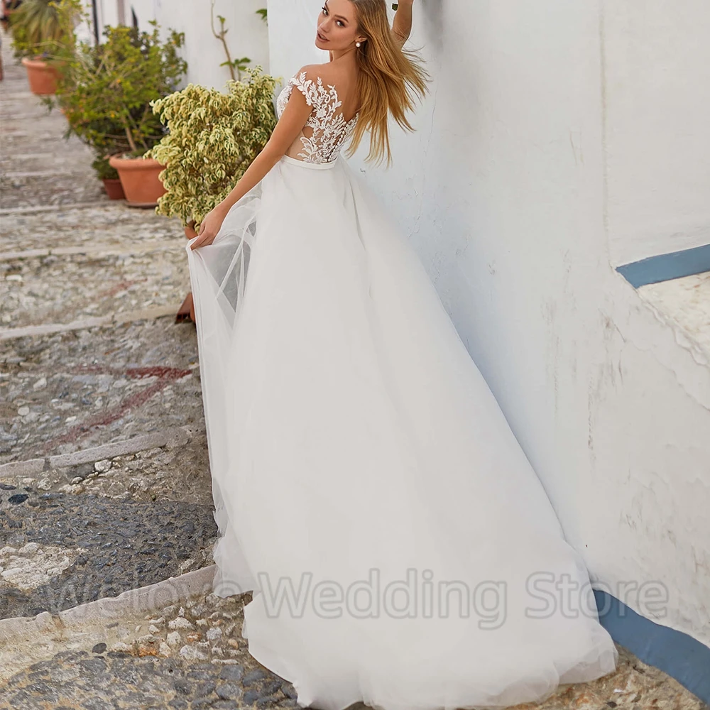 Vestido De novia De manga corta con cuello en V, apliques De tul, línea A, longitud hasta el suelo con cinturón, ilusión Sexy, personalizado