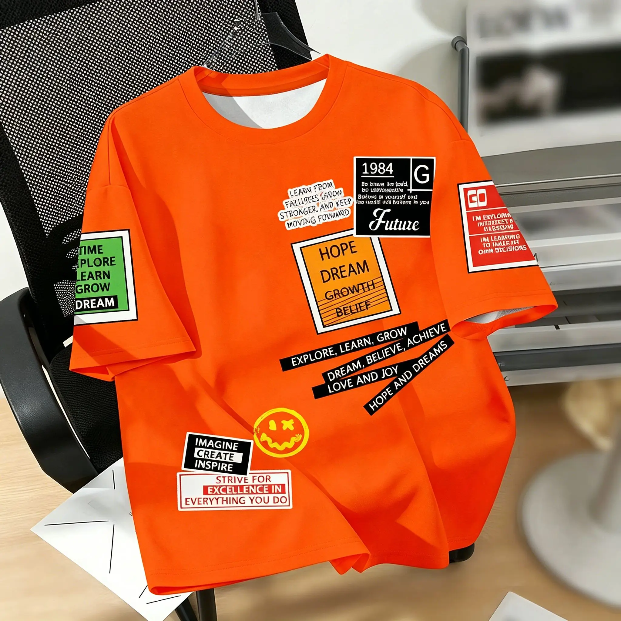 Men's Orange Motivational Quote Patchwork Sticker Graphic T-Shirt, Hope Dream Growth Smile Face Streetwear Short Sleeve Casual T