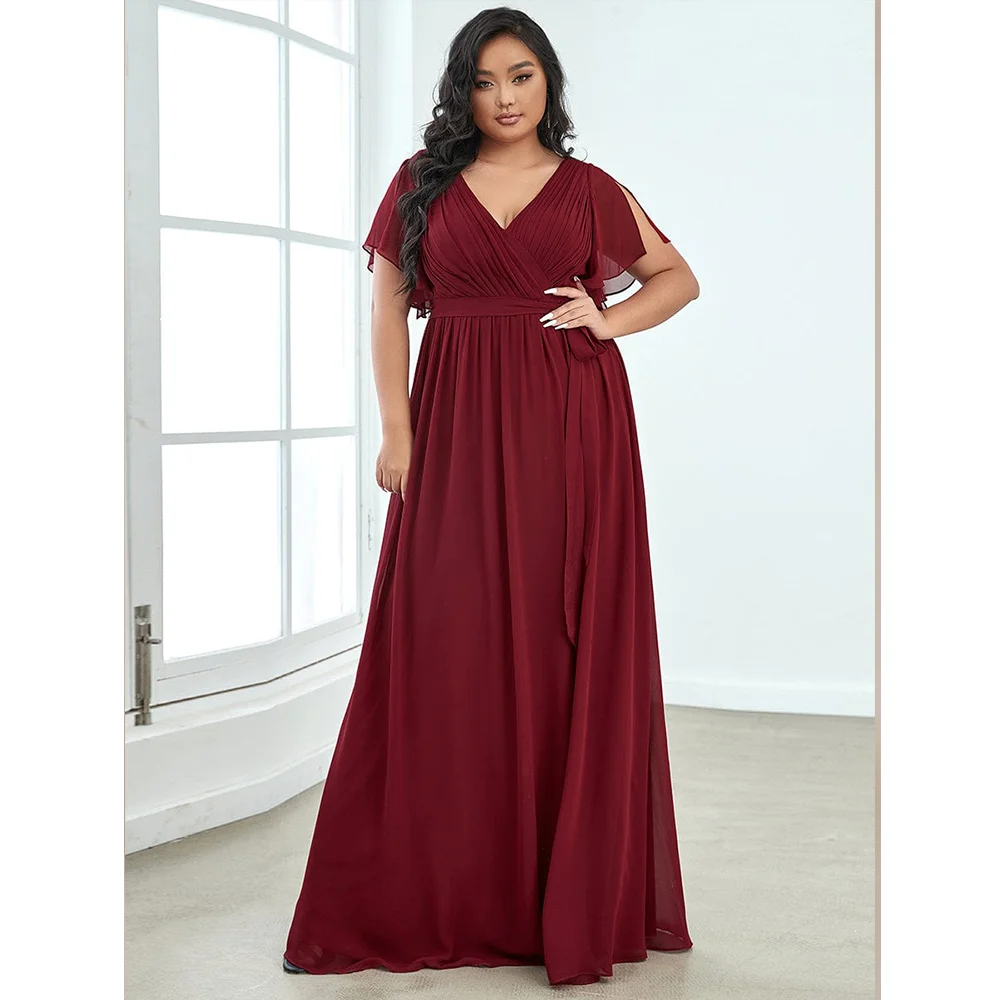 LoveDoris Bridesmaid Dress Chiffon Long Dress A-line Evening Prom Dress Short Sleeves Burgundy Wedding Party Dress