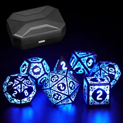 Recarregável LED Dice com Caixa De Carregamento, Dados Eletrônicos para rpg, Jogos de Mesa, D & D, Luz Azul, 7 Pcs