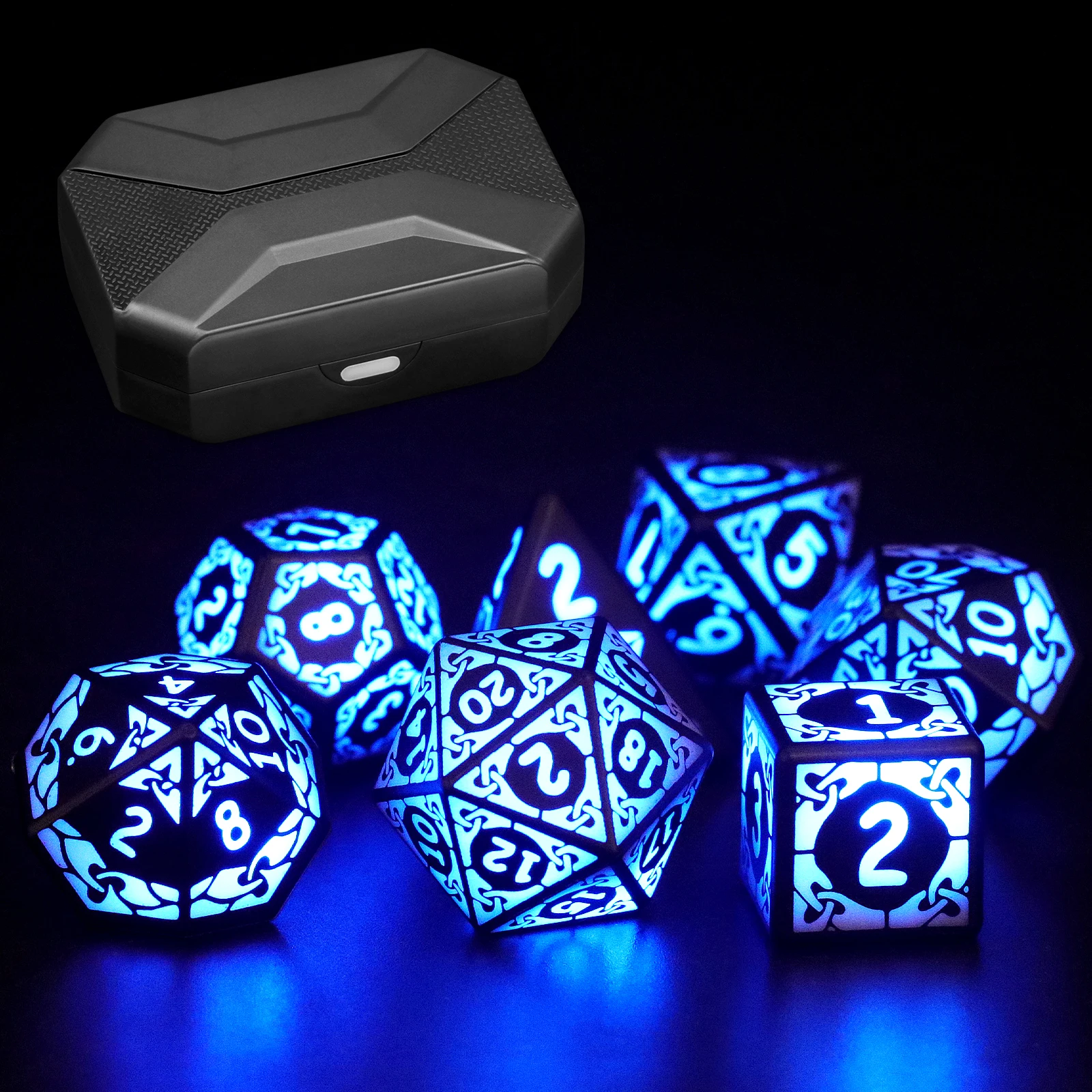 7 PCS LED Dice Rechargeable with Charging Box Electronic Dice for rpg Tabletop Games D&D Dice Blue Light