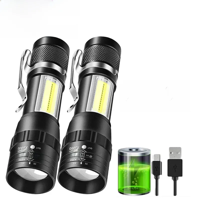 Mini lampe de poche LED Rechargeable COB + XPE Zoomable, 3 modes, batterie intégrée, lanterne d'urgence pour Camping en plein air