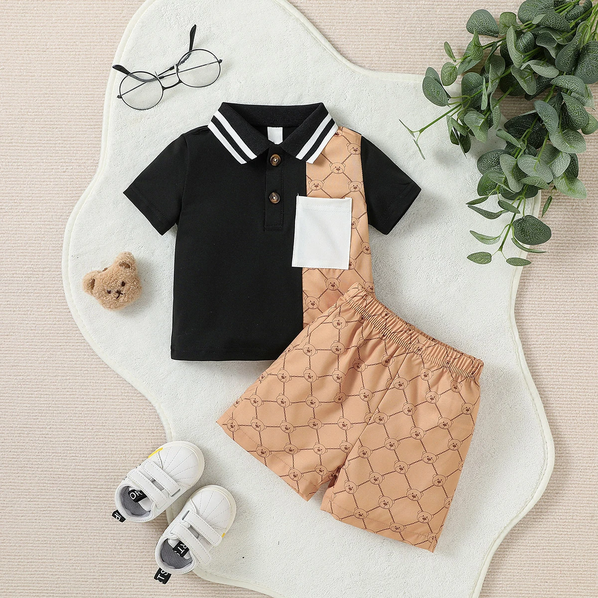 Baby boy Short Sleeve PATCHWORK Turn-down Collar top With Button +Pant 2PCS For Summer Daily wear Set