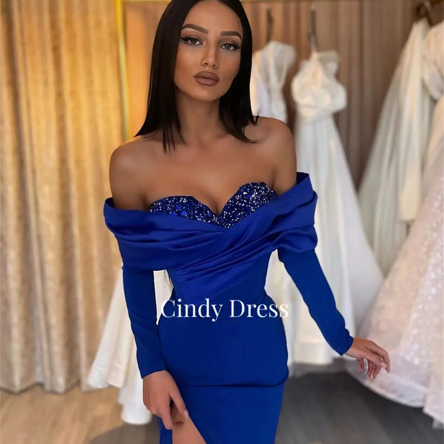 

Cindy Blue Satin Mermaid Off the Shoulder Long Sleeves Graduation Dress Gala Dresses 2023 Luxurious Evening Wedding Cocktail