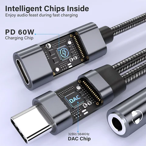 2'si 1 arada Tip C Ses Adaptörü PD 60W Hızlı Şarj USB C - 3.5mm Jak Adaptörü iPhone 15/16 Samsung Huawei Xiaomi için