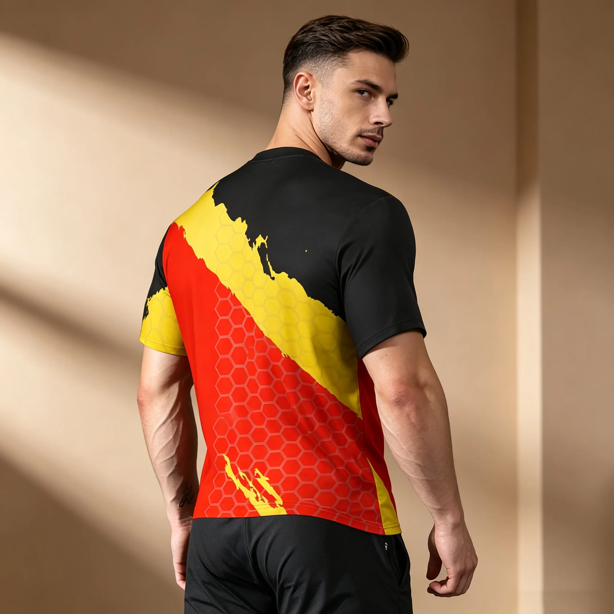 2026 Men Gradient Honeycomb Graphic T-Shirt Black Red Yellow Ink Splash Short Sleeve Sports Fitness Breathable Tops