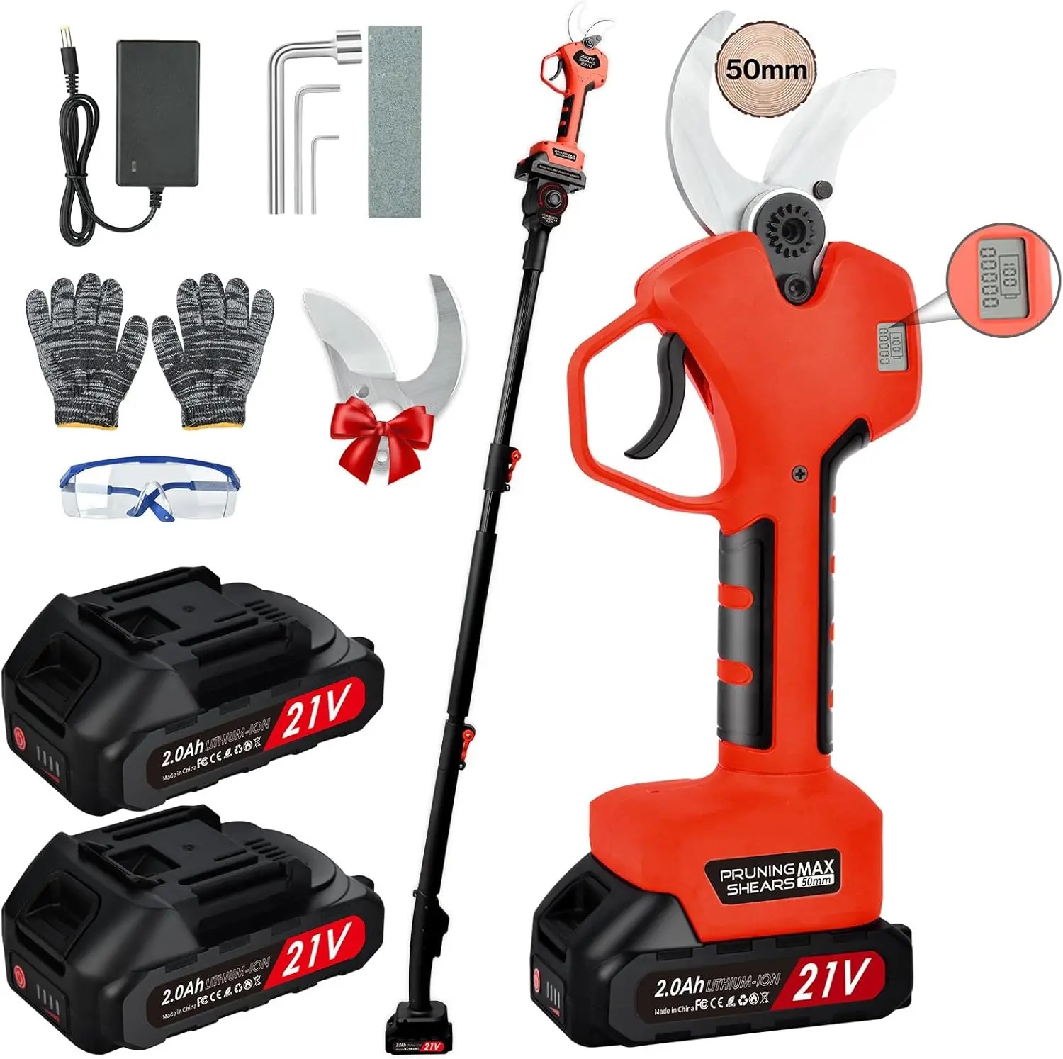 Image of 5.0 Kabellose Elektrische Gartenschere, 2-in-1 mit 2-Meter Ausziehbarem Griff: Elektrische Gartenschere, Schnittdurchmesser 25-50mm, Geeignet zum Trimmen von Hecken, Bäumen und Obstbäumen. Kompatibel