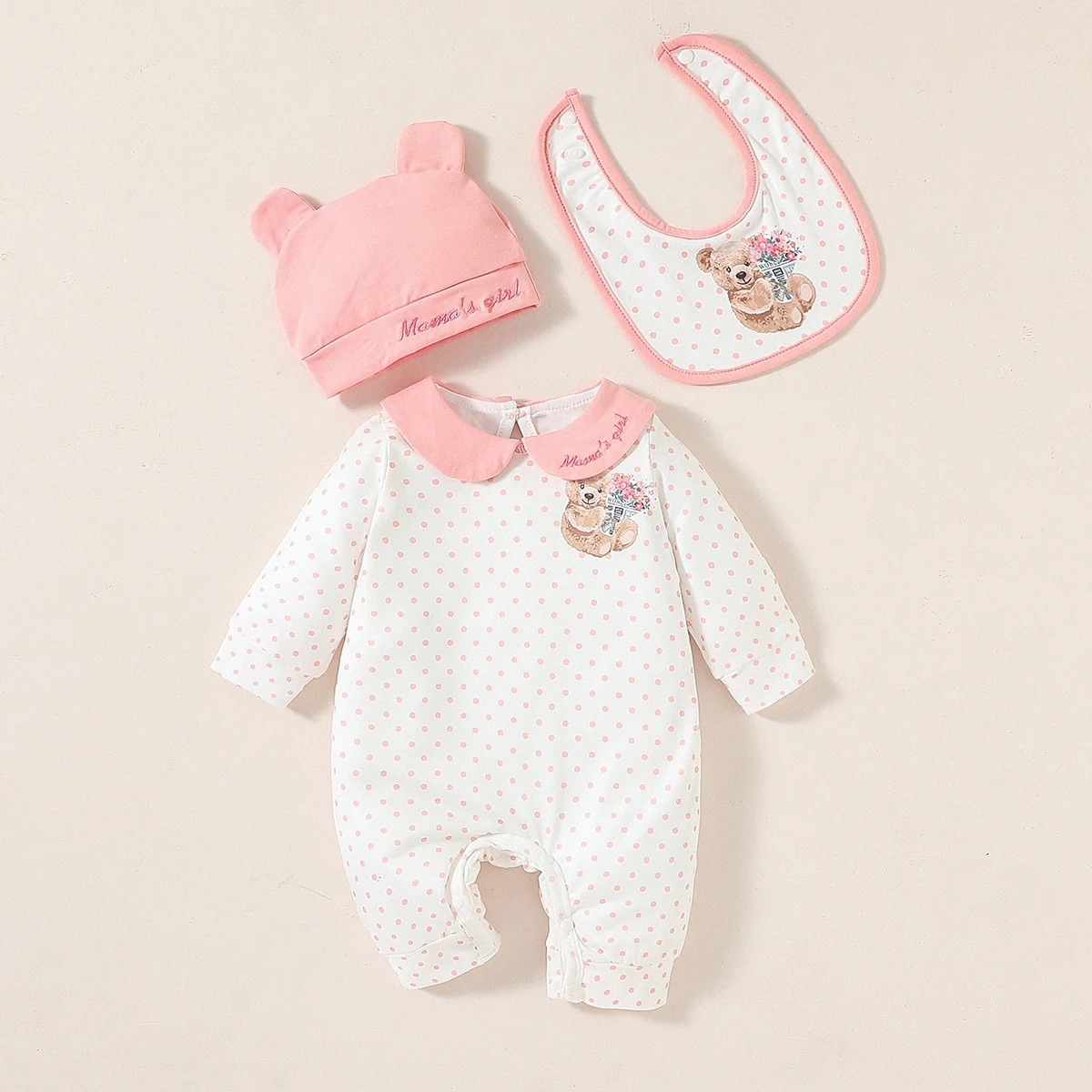 Newborn 3pcs baby girl  Long Sleeve Polka dot sweet and lovely autumn Jumpsuit For Daily Wear +Hat+Bib