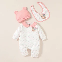 Newborn 3pcs baby girl  Long Sleeve Polka dot sweet and lovely autumn Jumpsuit For Daily Wear +Hat+Bib